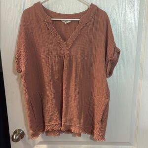 Entro Brown Boxy Blouse with Ruffled V-Neck and Short Sleeves